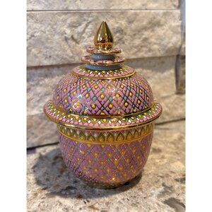 Vintage Thai Benjarong Porcelain  Bowl w/Lid Hand Painted Enamel Pink Gold 4”